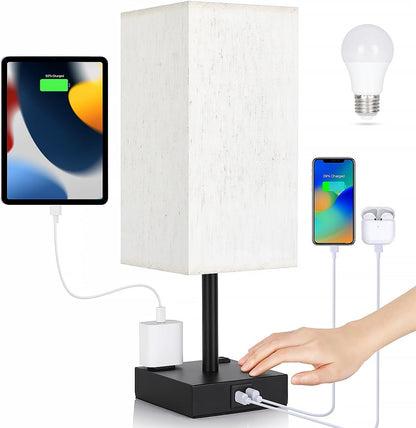 Bedside Table Lamp for Bedroom - Touch Small Lamp with USB C+A Charging Ports & AC Outlets, 3 Way Dimmable Nightstand Light for Living Room (LED Bulb Included, Grey)