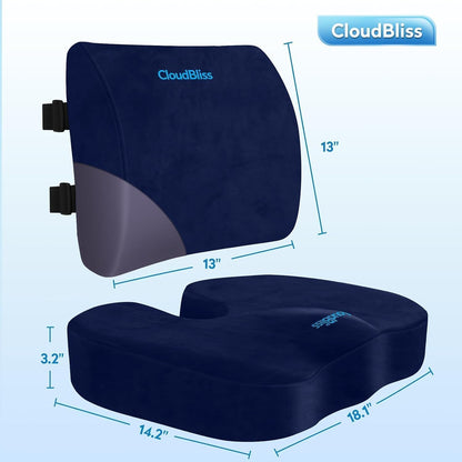 CloudBliss Lumbar Support Pillow & Seat Cushion Set for Office Chair, Desk Chair, Wheelchair & Car – Memory Foam Back Support, Ergonomic Chair Cushions, Sciatica Pain Relief, Home Essentials, Black
