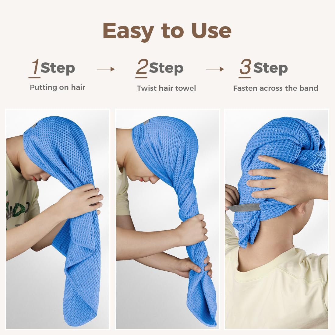 HOMEXCEL 5 Pack Microfiber Hair Towels - 40 x 20 inches Super Soft, Fast Drying Turbans for Long, Thick, Curly Hair - Anti Frizz Wrap with Elastic Strap