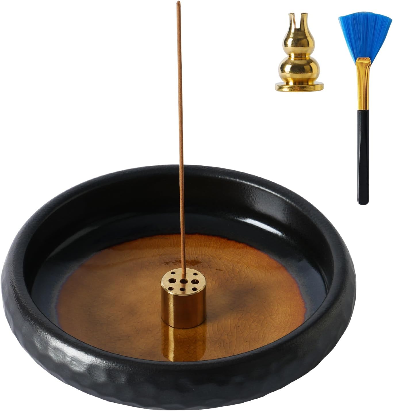 6 Inch Incense Holder with Ash Catcher,Handmade Crack Blue Glaze Ceramic Incense Burner Bowl with 9-Hole Design for Sticks,Cones,Coils Sage,Palo Santo - Perfect for Meditation,Yoga & Zen Home Décor
