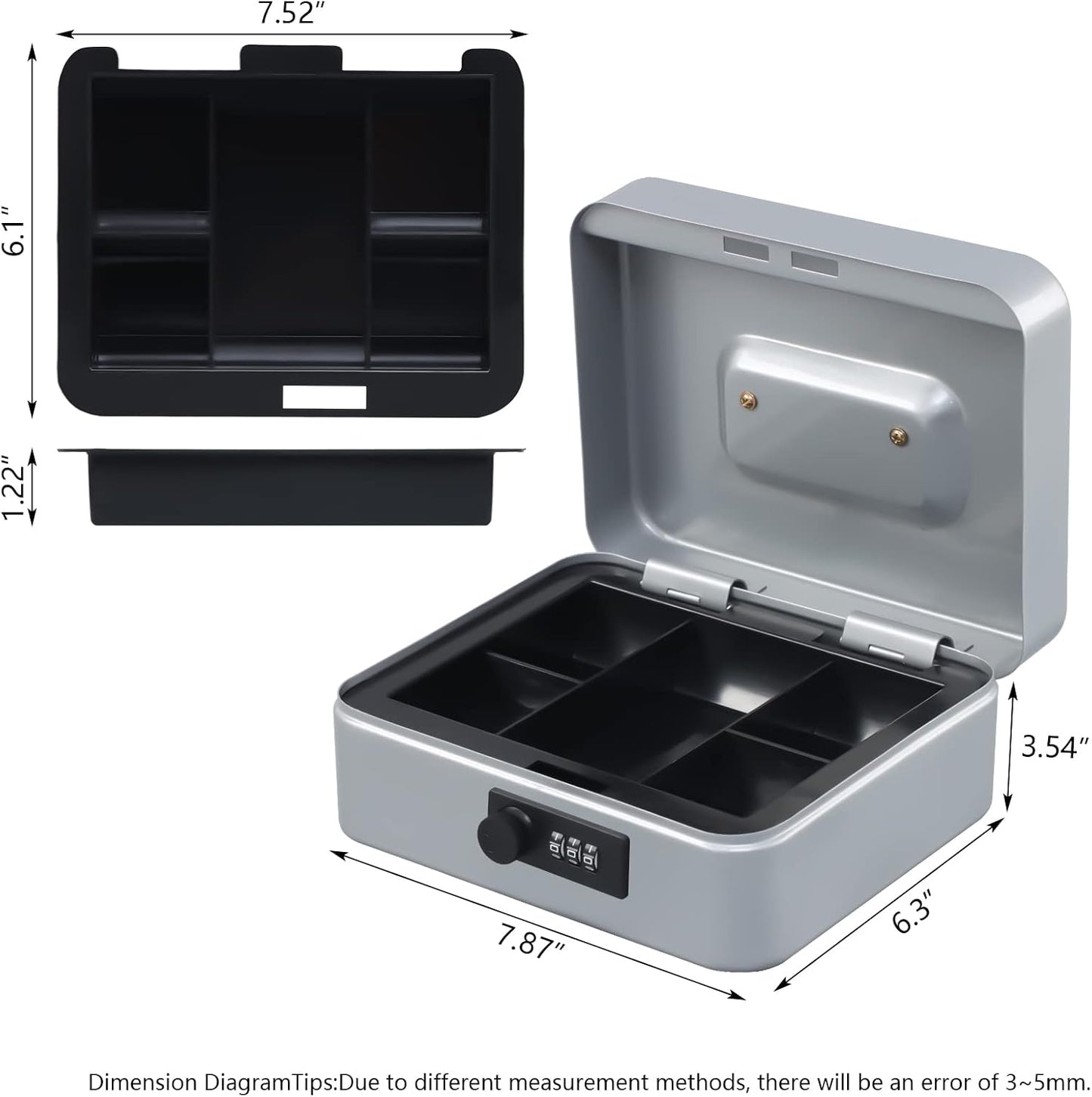KYODOLED Small Cash Box with Combination Lock & Removable Money Tray, Black