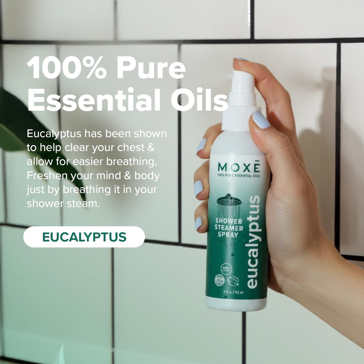 MOXĒ Eucalyptus Oil Shower Mist, Spa Steam Spray, Certified Natural 100% Essential Oils, Made in USA, Aromatherapy, Sinus Congestion Relief, Tension Relief, 4 Ounces