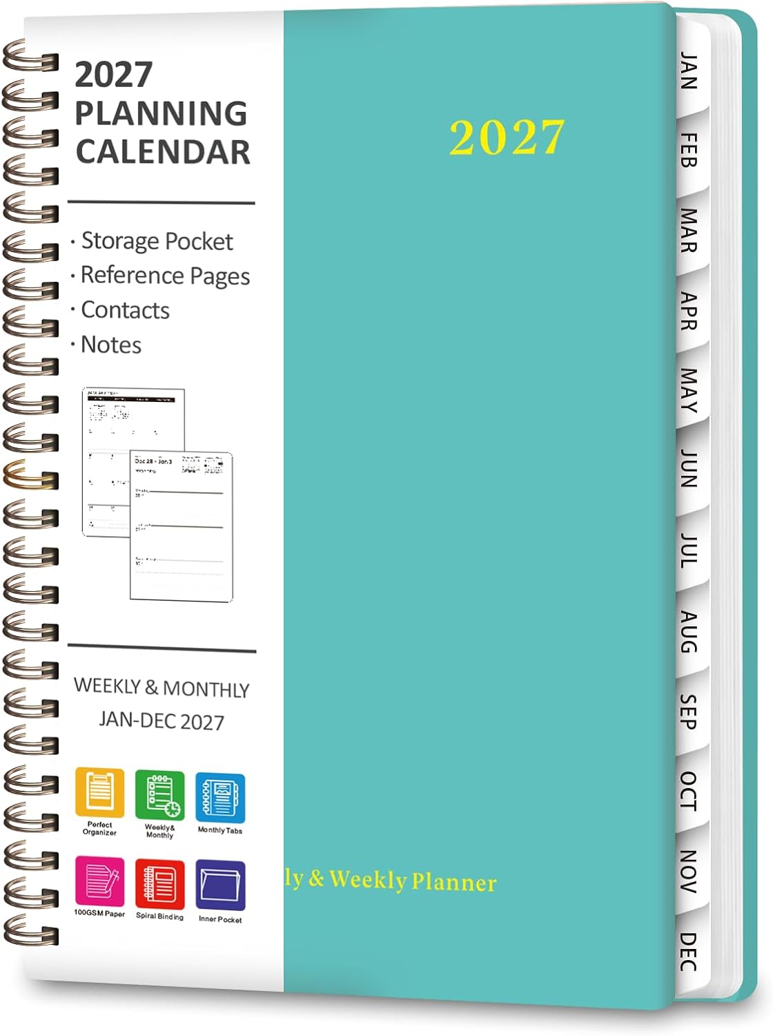 Planner 2026-2027, Weekly and Monthly Calendar Planner, JUL 2026 - JUN 2027 - Colors B