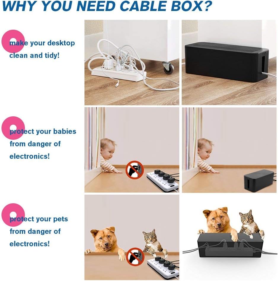 [Set of Three] Cable Management Boxes Organizer, Large Storage Wires Keeper Holder for Desk, TV, Computer, USB Hub, System to Cover and Hide & Power Strips & Cords (Ice White)