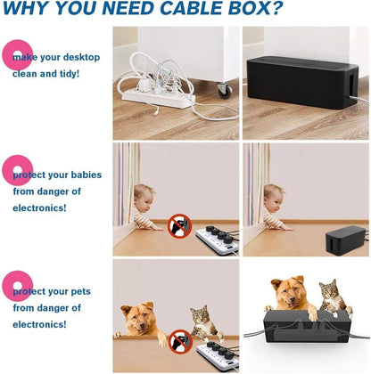 [Set of Three] Cable Management Boxes Organizer, Large Storage Wires Keeper Holder for Desk, TV, Computer, USB Hub, System to Cover and Hide & Power Strips & Cords (Ice White)