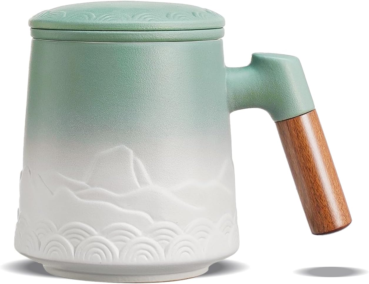 ZENS Embossed Ceramic Tea Mug with Infuser and Lid, 14.5 oz Wooden Handle, Loose Leaf Tea Steeper Cup & Strainer for Tea Lovers Gifts