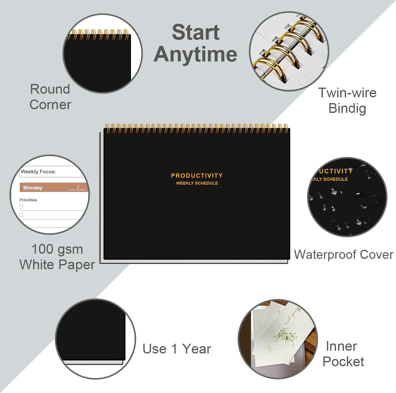 Weekly Productivity Planner - 8" x 11" Dashboard Desk Pad/Planner, Habit Tracker, Spiral Undated Weekly Planner for Office/School/Home, 54 Weeks, Grey