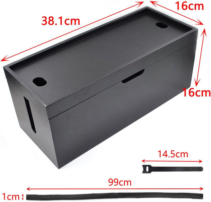 15 Inch Bamboo Large Cable Management Box, Black Cord Organizer