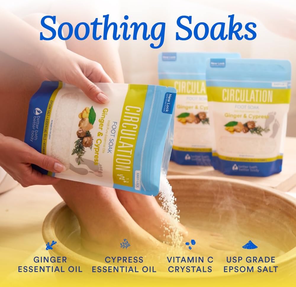 Circulation Foot Soak 32 Ounces (2 Lbs) Epsom Salt with Pure Essential Oils Ginger and Cypress Essential Oils Plus Vitamin C in BPA Free Pouch with Easy Press Lock Seal