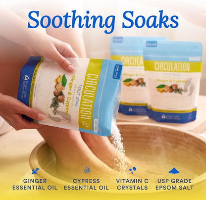Circulation Foot Soak 32 Ounces (2 Lbs) Epsom Salt with Pure Essential Oils Ginger and Cypress Essential Oils Plus Vitamin C in BPA Free Pouch with Easy Press Lock Seal