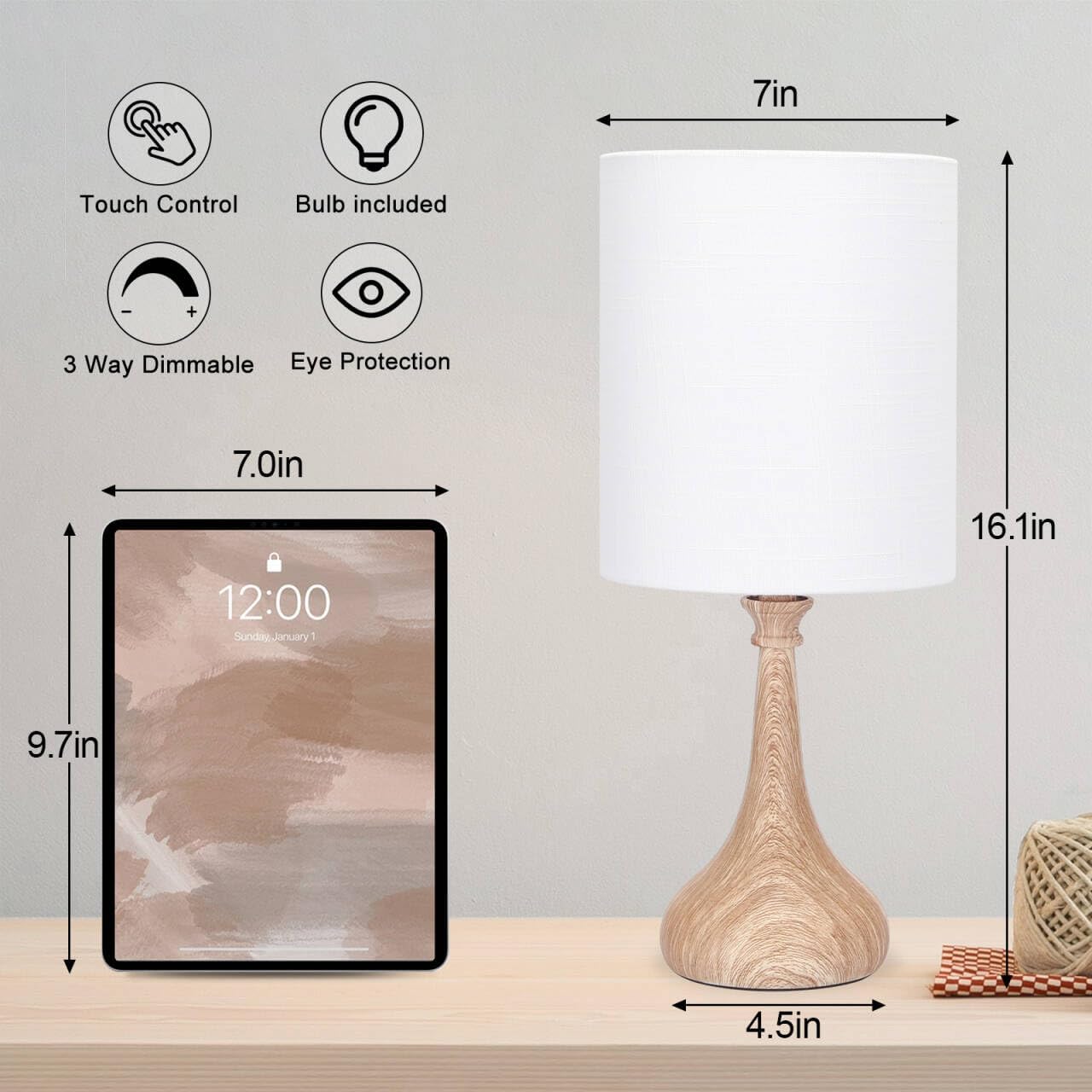 Touch Control Table Lamp, 3 Way Dimmable Simple Night Light Lamp with White Lampshade Silver Metal Base, Small Bedside Table Lamp for Bedroom, Office, Dorm, A19 9W 3000K Bulb Included
