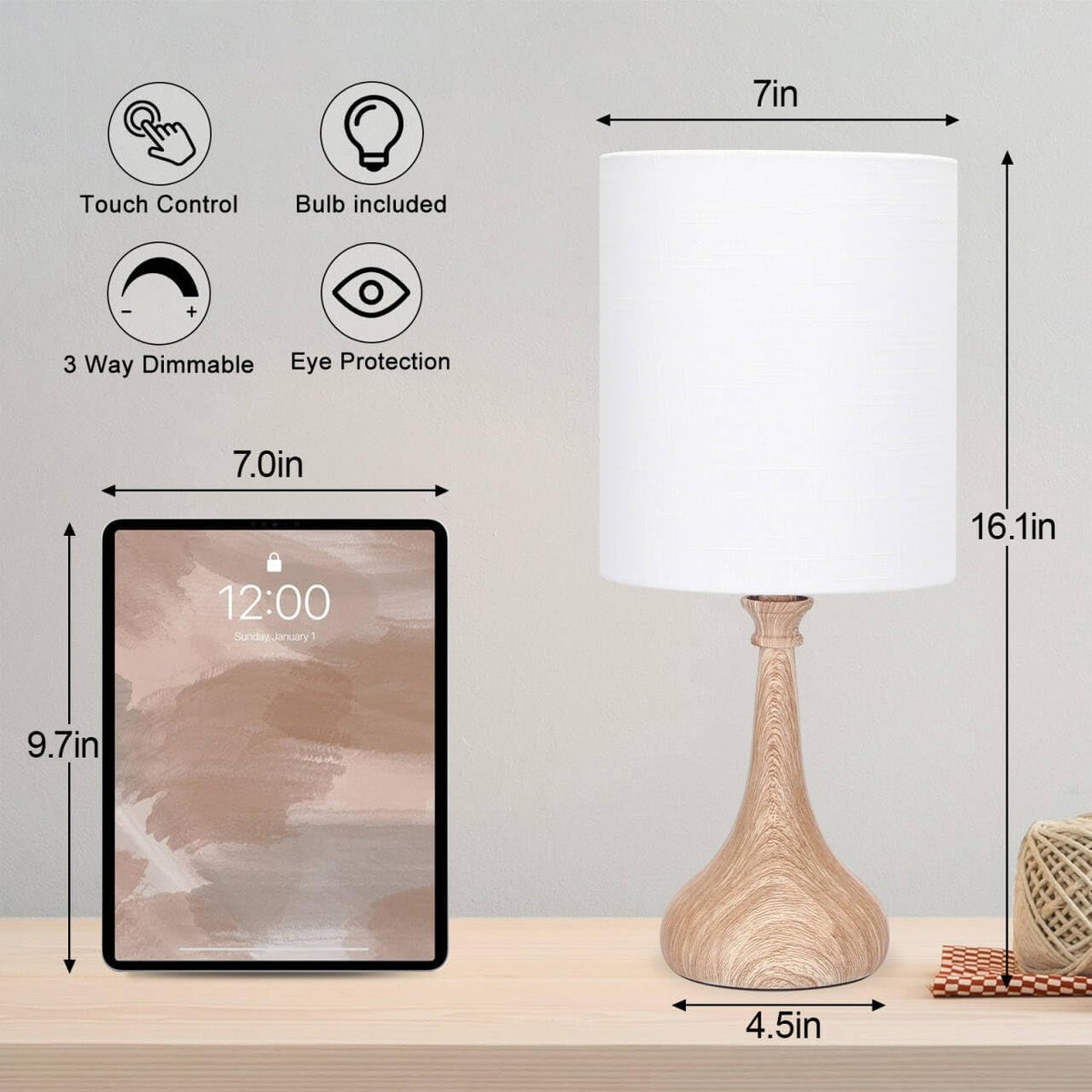 Touch Control Table Lamp, 3 Way Dimmable Simple Night Light Lamp with White Lampshade Silver Metal Base, Small Bedside Table Lamp for Bedroom, Office, Dorm, A19 9W 3000K Bulb Included