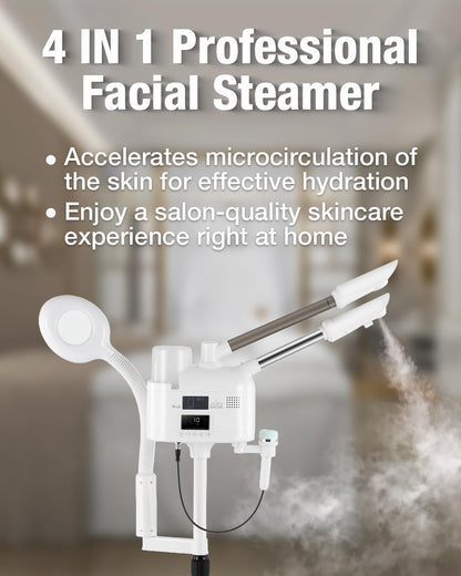 Professional Facial Steamer 3 in 1 Steamer for Face with Hot & Cold Nozzle 5X LED Magnifying Lamp Facial Steamer for Esthetician Beauty Face Equipment Use at Home or Salon