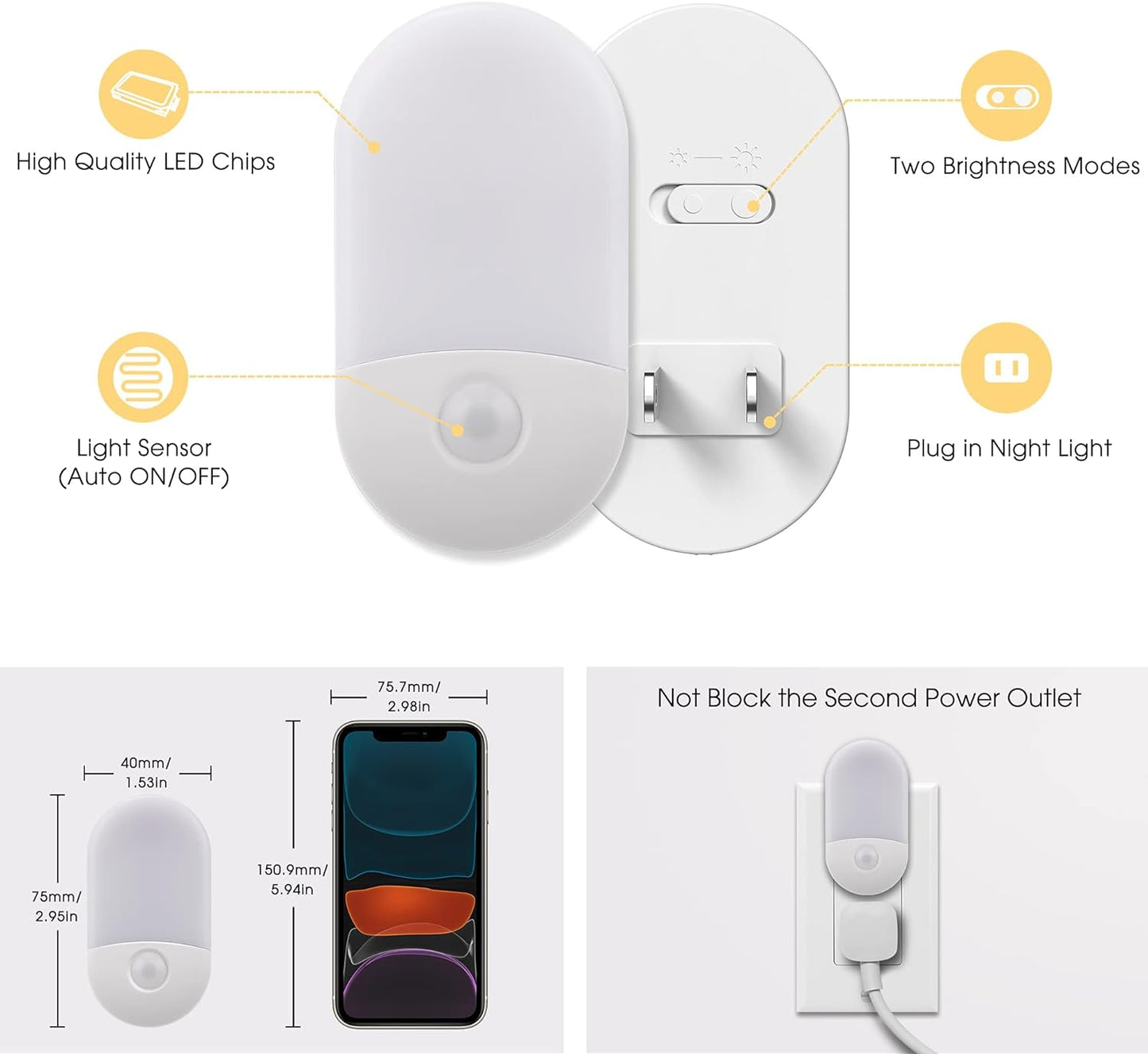 L LOHAS LED Amber Night Light, Night Lights Plug into Wall[2 Pack], 0.6W 2000K LED Night Light, Dusk to Dawn Sensor, 30/60LM Adjustable Brightness, Automatic Low Blue Nightlight for Kids, Bathroom