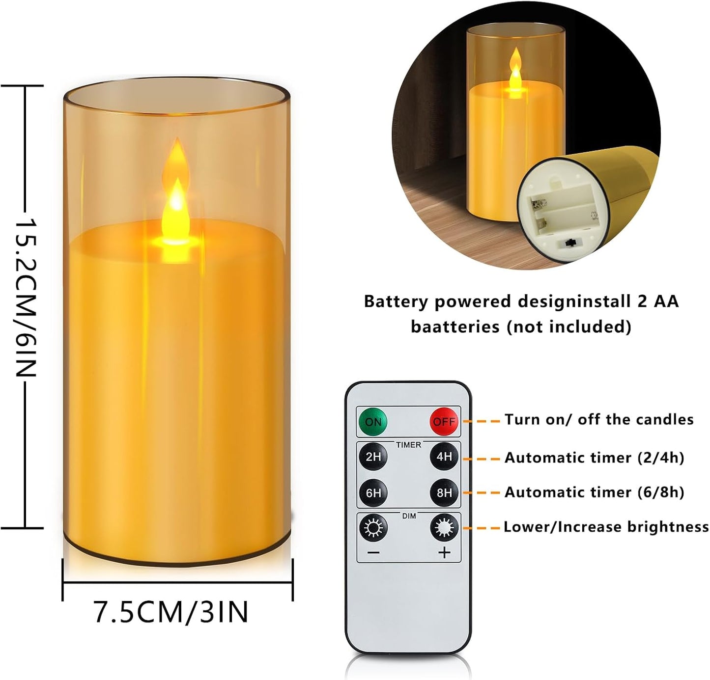 wemarry Flameless Candles 4" 5" 6" Acrylic Glass Pillars 3" Diameter Battery Operated Flickering Candles Include 8-Key Remote with Timer Function 400+ Hours (Gray, Warm Light 3 Pack)