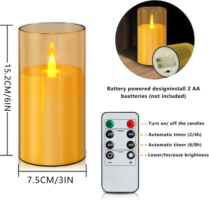 wemarry Flameless Candles 4" 5" 6" Acrylic Glass Pillars 3" Diameter Battery Operated Flickering Candles Include 8-Key Remote with Timer Function 400+ Hours (Gray, Warm Light 3 Pack)