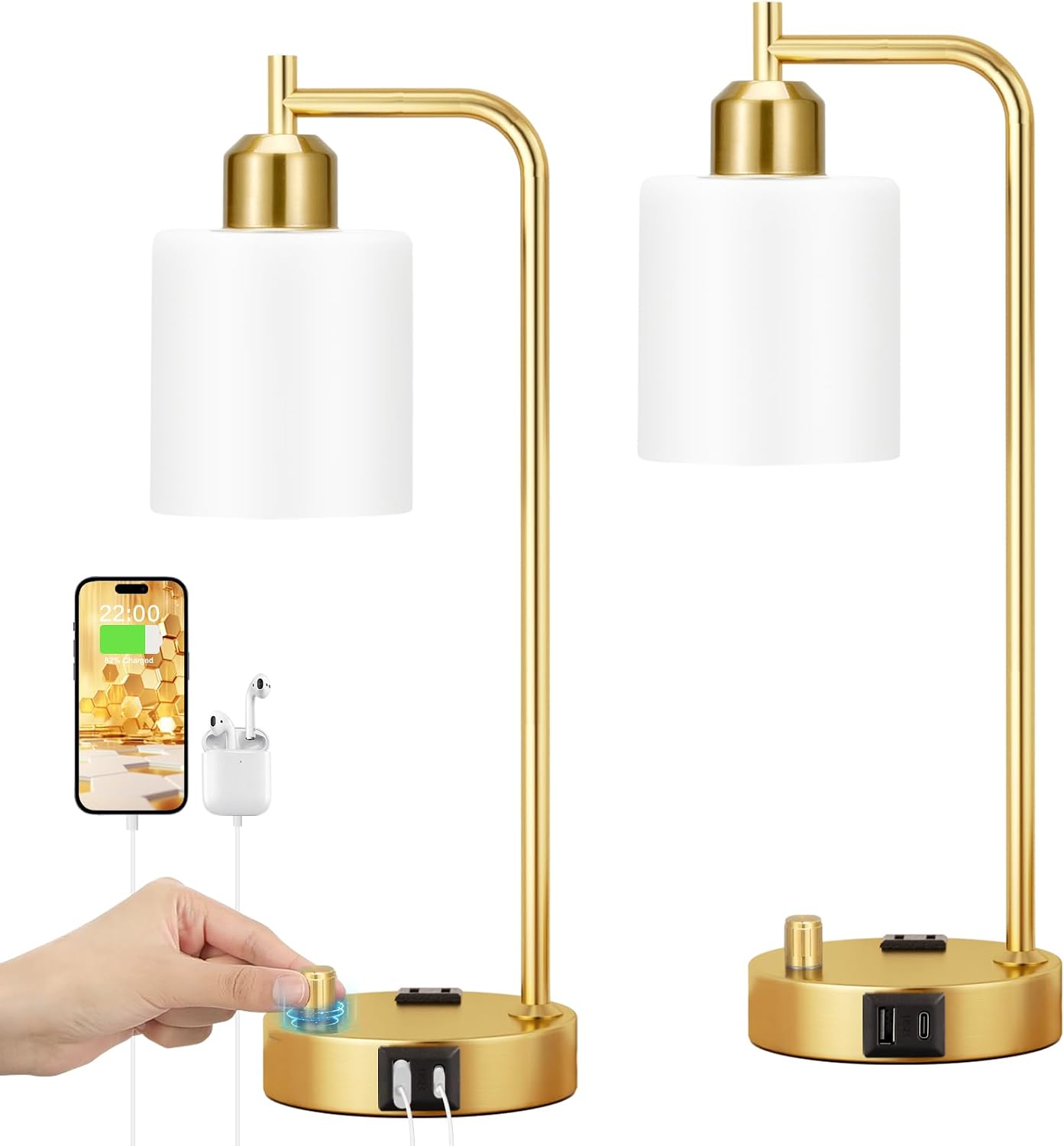 Industrial Table Lamps for Bedrooms Set of 2 - Fully Dimmable Bedside Lamps with USB A and C Ports and Outlet, Black Nightstand Lamps with Glass Shade for Living Room, Desk Lamps for Office Reading