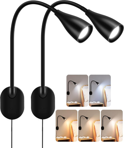 LiFMIRA Wall-Mounted LED Bedside Reading Light with USB Charging Port, 10-Level Dimmable & Adjustable 5 Color, Plug-in Adhesive Night Lamp for Books in Bed, Eye-Caring Bedroom Lighting (Black)