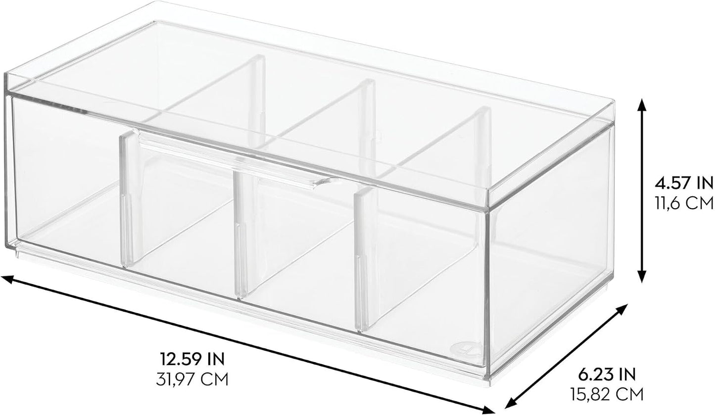 iDesign XL Tea Bag Organizer, Clear, 4-Section | For Counter, Storage Drawer for Cabinet