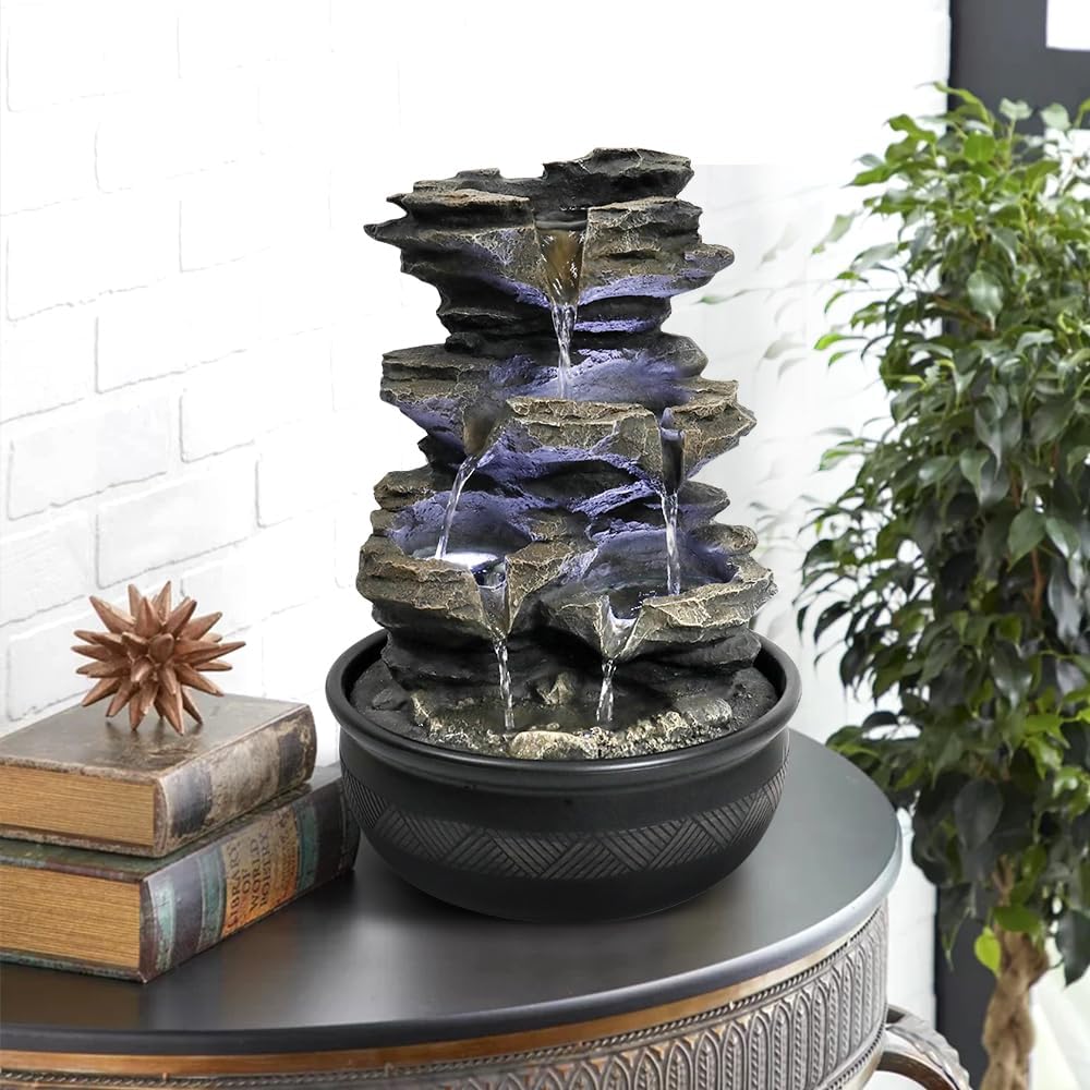 8.3” H Indoor Zen Tabletop Water Fountain, Rock Cascading Waterfall with Spinning Crystal Ball & LED Light for Home Office Decor