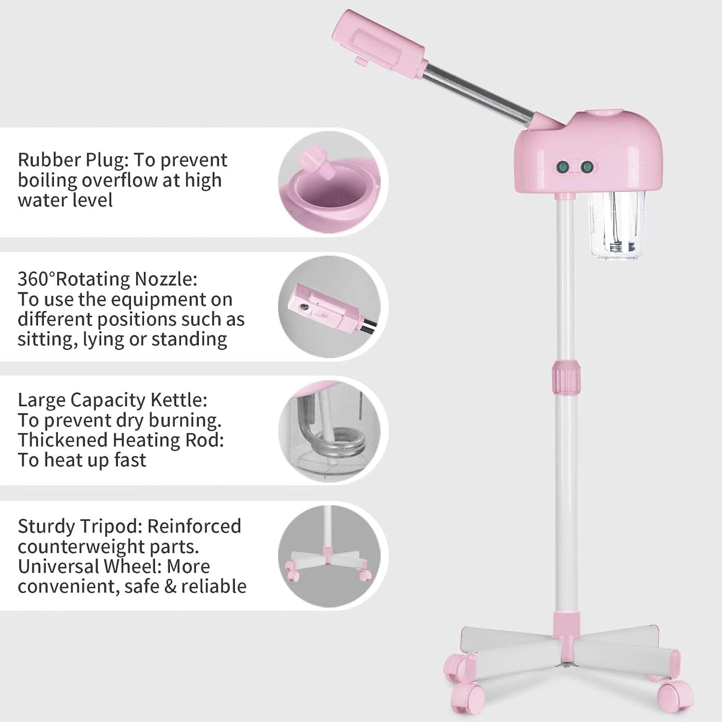 Professional Facial Steamer, Hot Mist Spray, Vaporizador Facial Steamer for Esthetician, Height Adjustable, SPA at Home, White