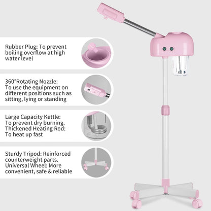 Professional Facial Steamer, Hot Mist Spray, Vaporizador Facial Steamer for Esthetician, Height Adjustable, SPA at Home, White