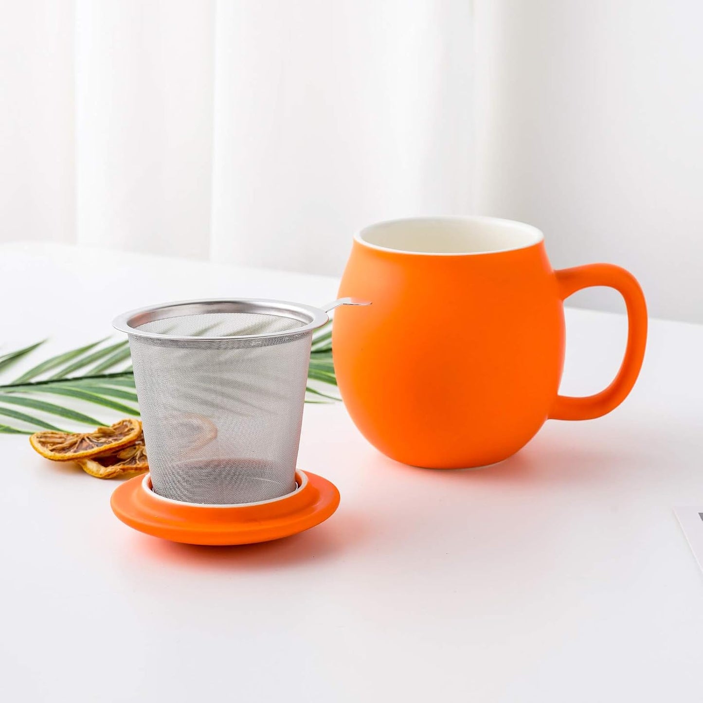 Yundu 12 OZ Matte Green Ceramics Teacup with Infuser and Lid, Mug with Lid for Steeping - Stainless Steel Infuser for Loose Leaf Tea, Home Office Gift for Tea Lovers