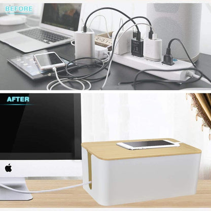 PowerKing Cable Management Boxes Organizer, Bamboo Lid, Large Storage Wires Keeper Holder for Desk, TV, Computer, USB Hub, System to Cover and Hide & Power Strips & Cords (Ice White)