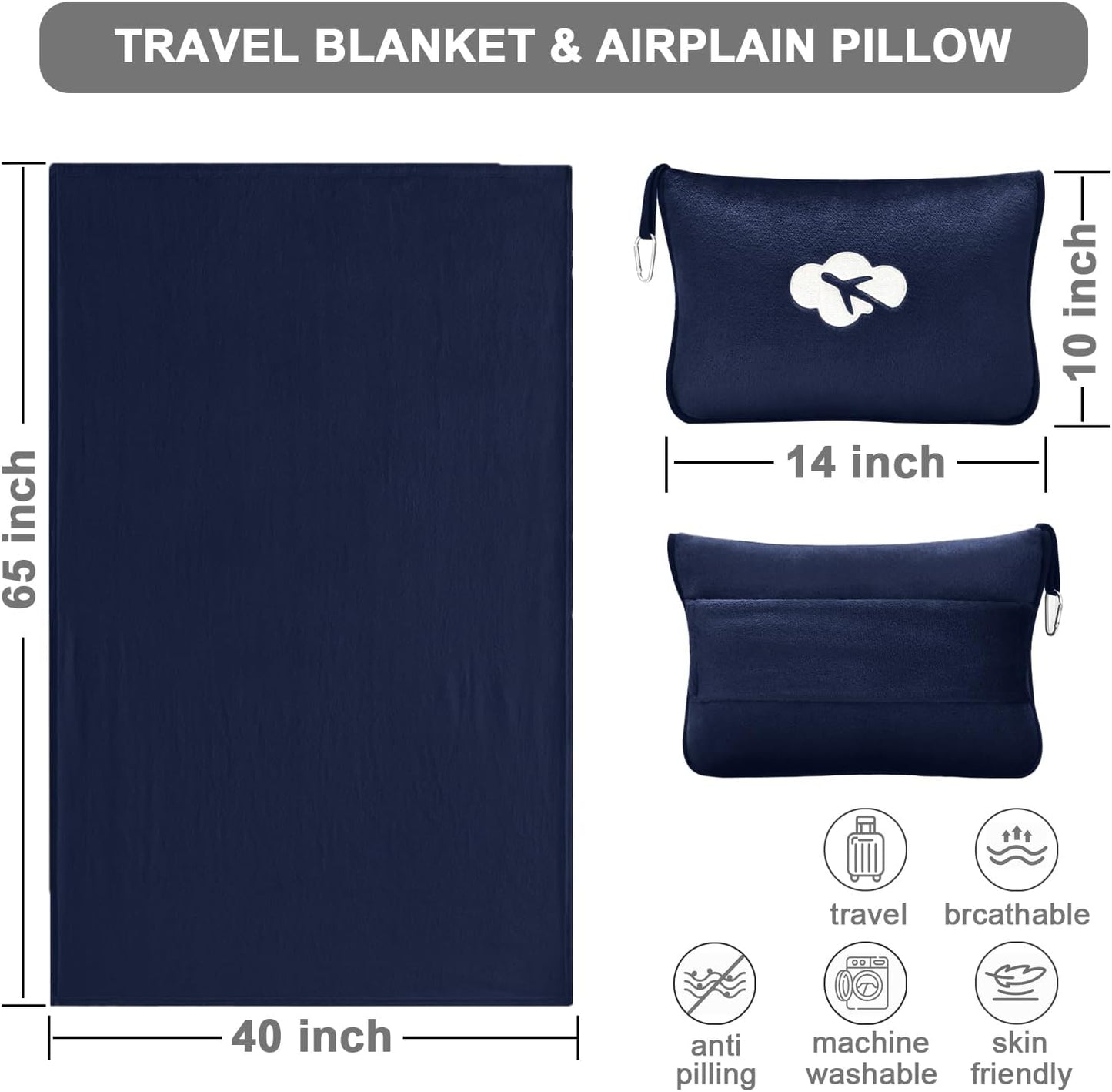 Travel Blanket and Pillow Compact, Premium Soft 2 in 1 Airplane Blanket with Soft Bag Pillowcase，Hand Luggage Sleeve and Backpack Clip (Checkered Black)