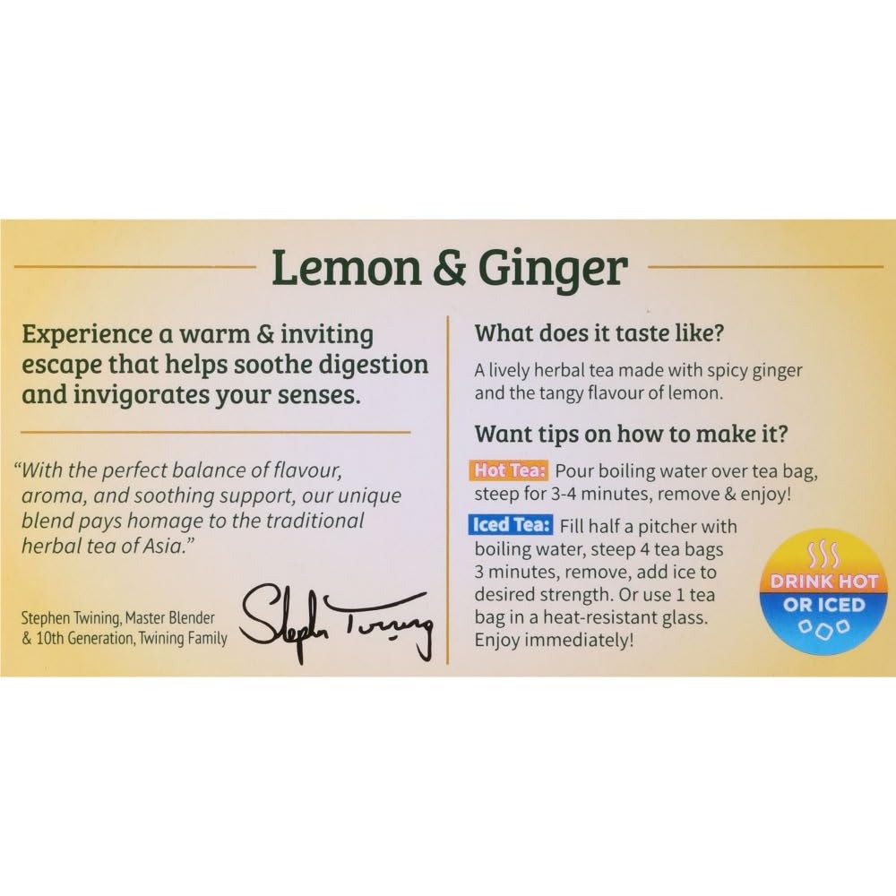 Twinings Lemon & Ginger Herbal Tea Individually Wrapped Bags, 20 Count (Pack of 1), Tangy Lemon, Spicy Ginger, Naturally Caffeine-Free, Enjoy Hot or Iced, 20 Teabags