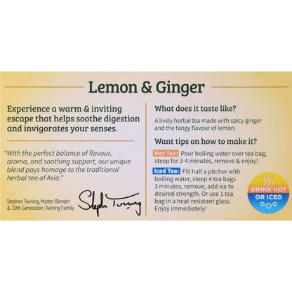 Twinings Lemon & Ginger Herbal Tea Individually Wrapped Bags, 20 Count (Pack of 1), Tangy Lemon, Spicy Ginger, Naturally Caffeine-Free, Enjoy Hot or Iced, 20 Teabags