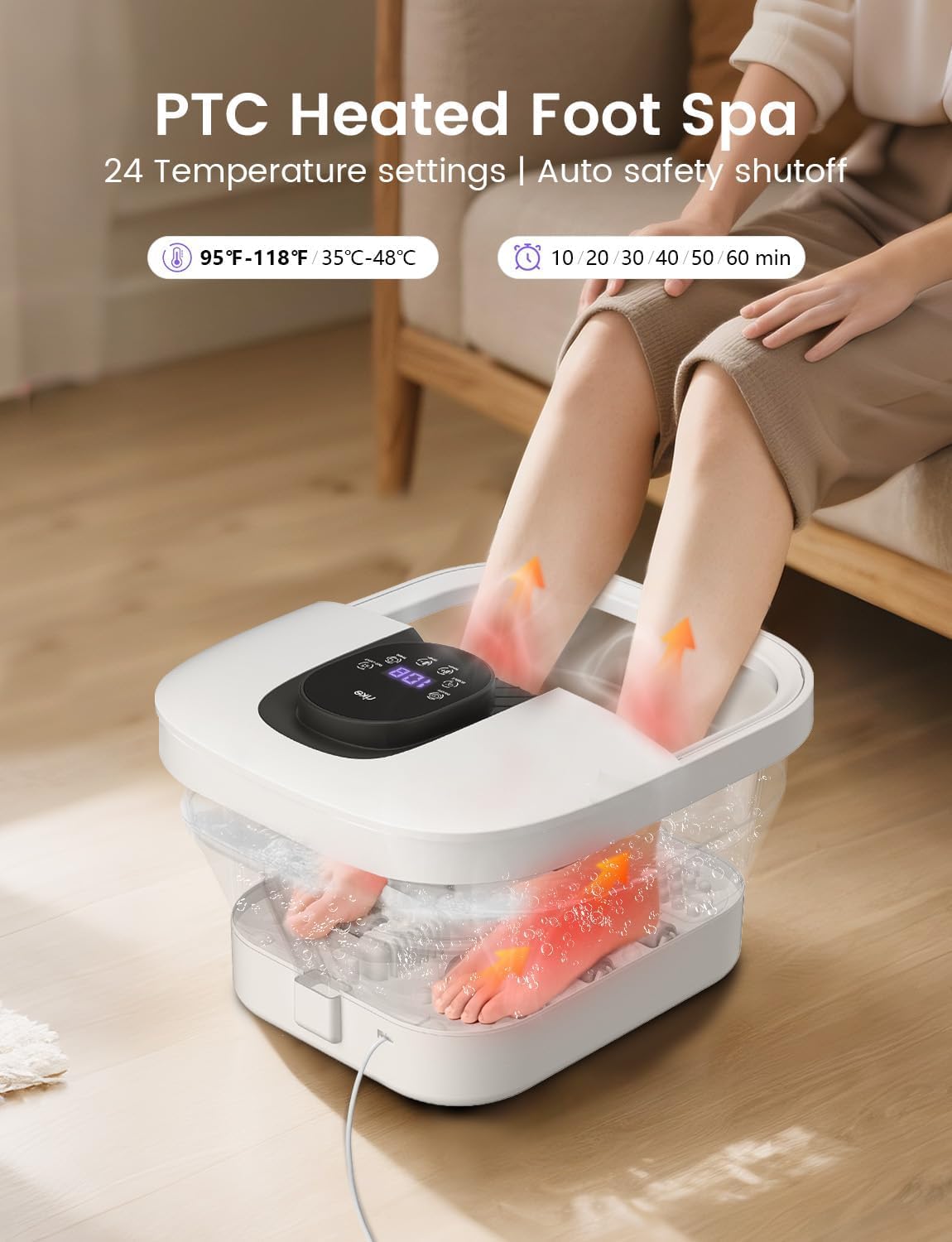 RIKE Collapsible Foot Spa with Fast PTC Heating and Massage, 14 Temp Control Precise Heated Foot Bath, Smart Digital Touch Screen & Ambient Light, Space-Saving Design,Ideal Gift for Parents & Her