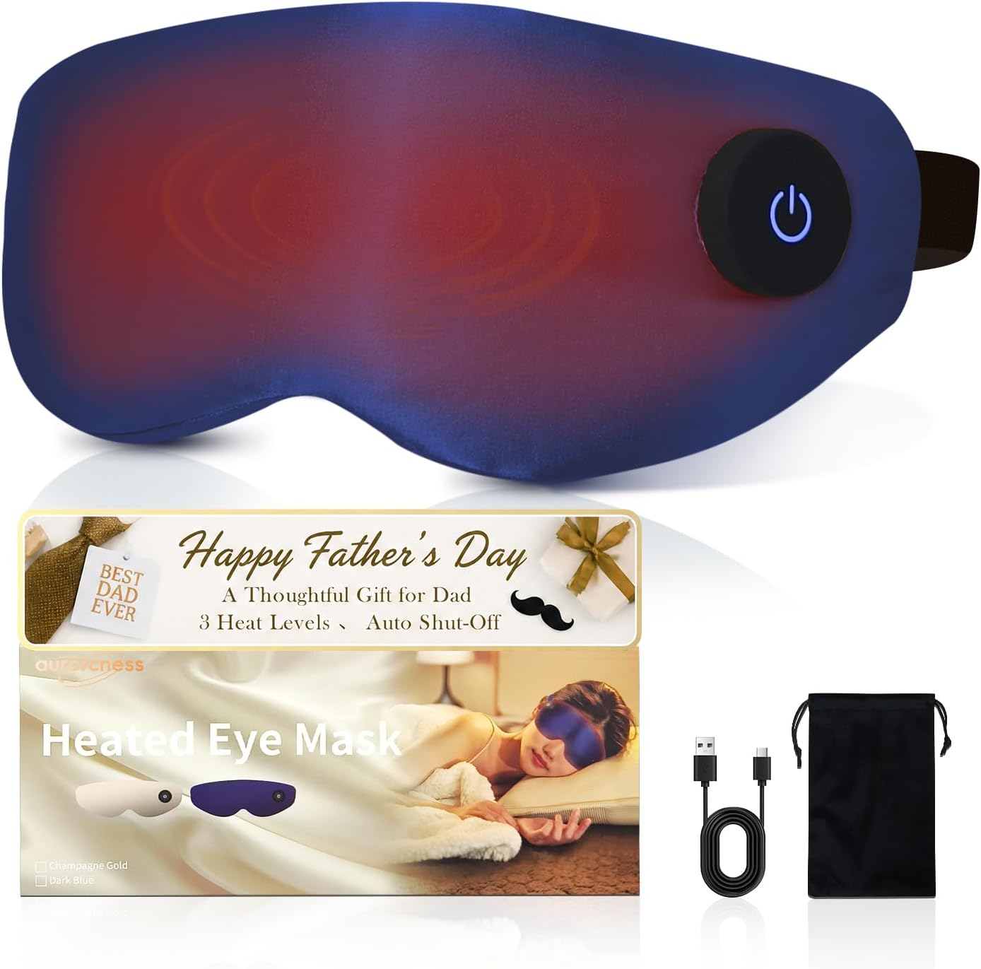 Heated Eye Mask for Dry Eyes – Cordless Warm Eye Compress, 100% Mulberry Silk Sleep Mask with Graphene Heating, 3 Heat Levels and Auto Shut-Off, Rechargeable and Washable
