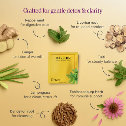 DAKSHIN Organic Detox Tea Bags | Lemongrass, Tulsi, Echinacea, Dandelion & Ginger | Naturally Cleansing Daily Wellness Tea | Caffeine-Free | USDA Organic | 16 Tea Bags