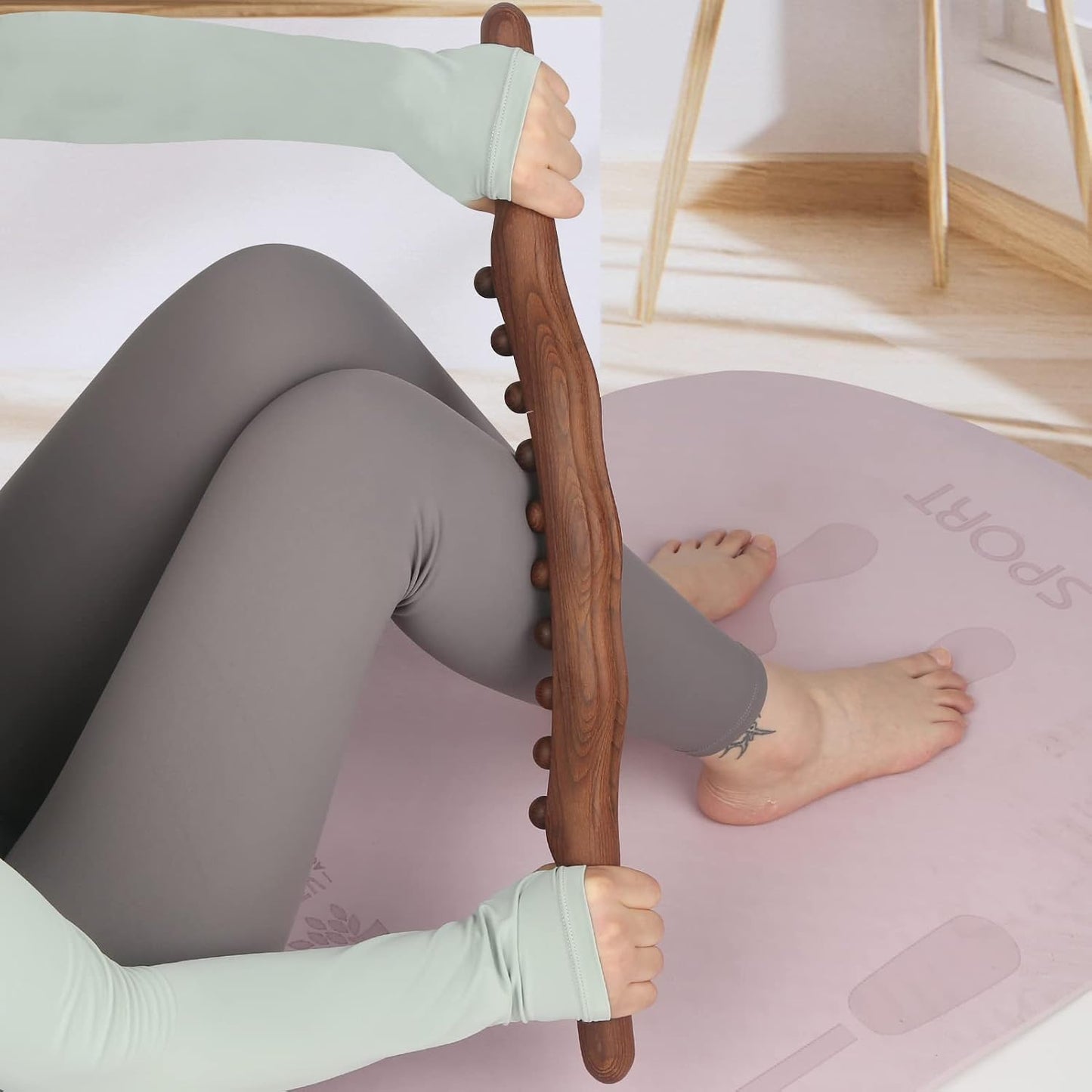 Wood Therapy Guasha Wood Stick Massage Tools, Lymphatic Drainage Massage Stick, Stomach Cellulite Massager, Myofascial Release Tool, Ease Pain Self Body Sculpting, Mountable Handle Double Row 20 Beads