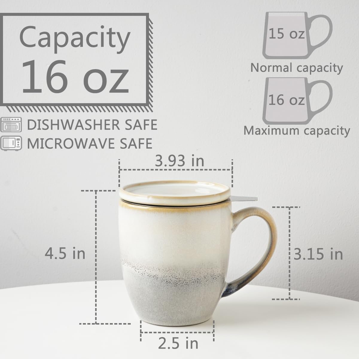 Bosmarlin Ceramic Tea Cup with Infuser and Lid, 16 Oz, Loose Leaf Tea Steeper Mug with Strainer, Microwave and Dishwasher Safe, Reactive Glaze (16 Oz, Pale Green)