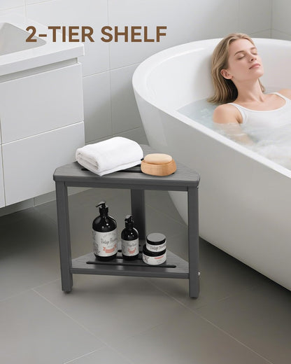 Shower Foot Rest 15in, HDPE Waterproof Shower Stool for Inside Shower, Corner Shower Stool for Shaving Legs with Storage Shelf for Small Space, Shower Step Stool, Plastic Corner Shower Bench, White