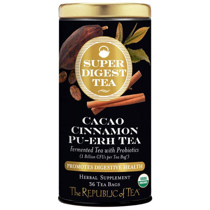 The Republic of Tea Organic Cacao Cinnamon Pu-erh SuperDigest Tea® | Probiotic Tea Bags (36 count)