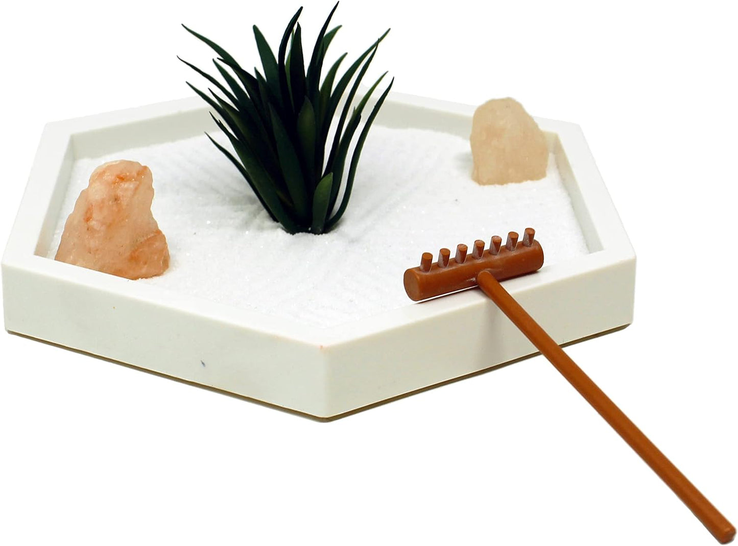 Nature's Mark Mini Zen Garden Kit for Desk with White Sand, Rake, White Base, Salt Rock and Air Plant (Round)
