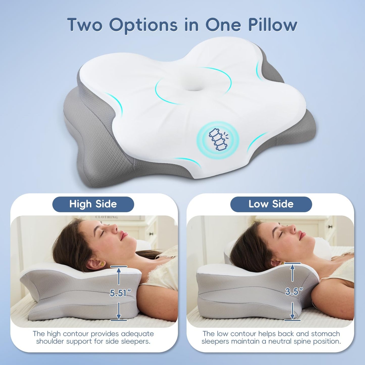 Cervical Neck Pillow, Ergonomic Memory Foam Pillow for Neck Pain Relief with Dual-Height Design, Breathable Cover, Neck Support for Side Back & Stomach Sleepers, Odorless White 1 pcs