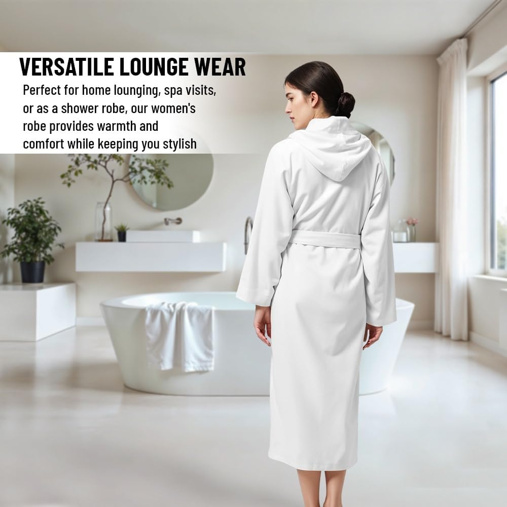 KAHAF COLLECTION Women Hooded 100% Cotton Terry Bathrobe, Soft Absorbent Quick Dry Robe for Spa, Shower & Home Wear