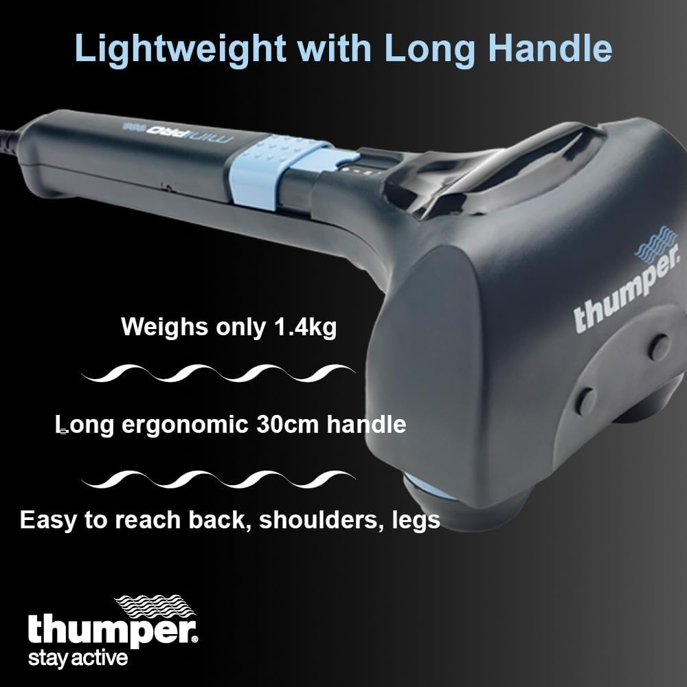 Thumper Mini Pro Percussive Massager - Deep Tissue Massage for Muscles, Back, Shoulders, Legs, arms. Powerful Percussion Electric Handheld Massage Therapy Gun with Long Handle and 3 speeds