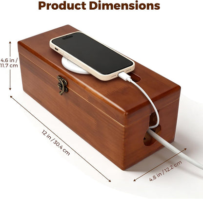 Large Cable Management Box with Clasp, Soild Wood Cord Box with 4 Open Slots, Cable Box to Hide Cords and Power Strip