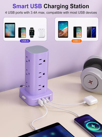 6FT Power Strip Tower Surge Protector, 12 Wide Spaced Outlets, 4 USB