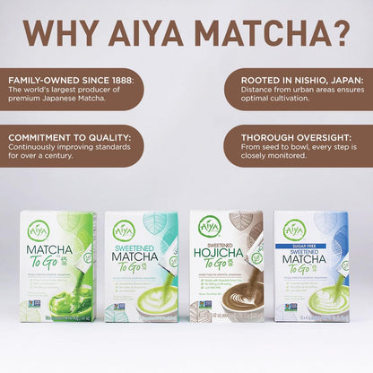 Aiya Japanese Sweetened Matcha Powder to Go Sticks - Ceremonial Grade, Vegan-Friendly, Gluten-Free - 8 Individually Packed Single-Serving Sticks for Freshness and Convenience