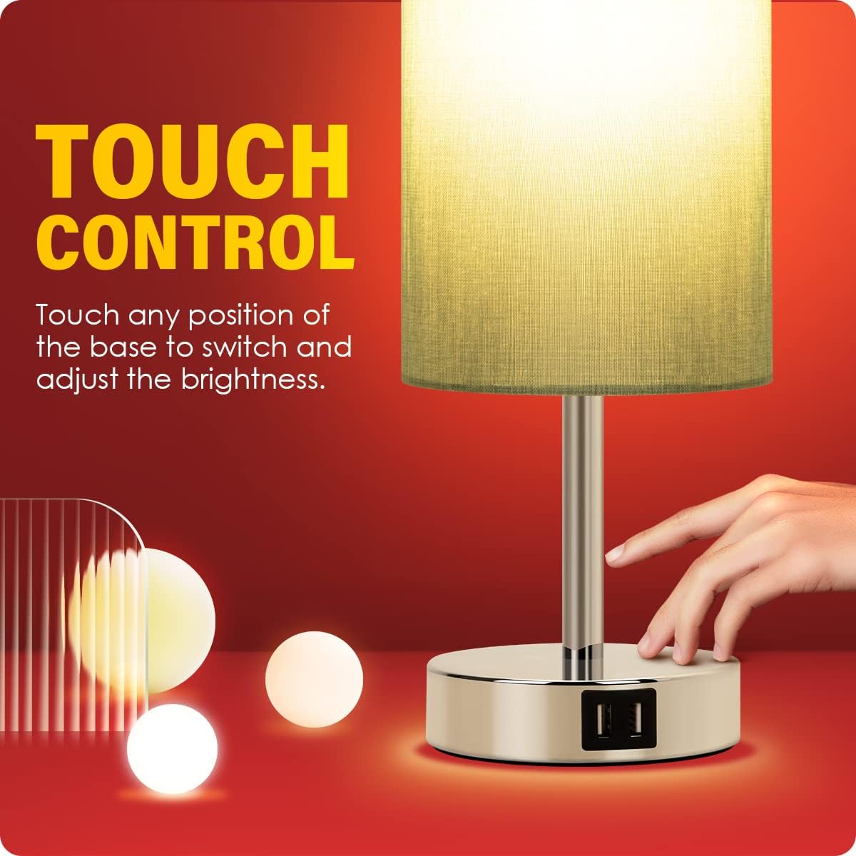 Yarra-Decor Bedside Table Lamp with USB Ports - Touch Control for Bedroom 3 Way Dimmable Nightstand Lamp with Round Fabric Shade for Living Room, Dorm, Home Office, Corded Electric, Without Battery