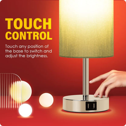 Yarra-Decor Bedside Table Lamp with USB Ports - Touch Control for Bedroom 3 Way Dimmable Nightstand Lamp with Round Fabric Shade for Living Room, Dorm, Home Office, Corded Electric, Without Battery