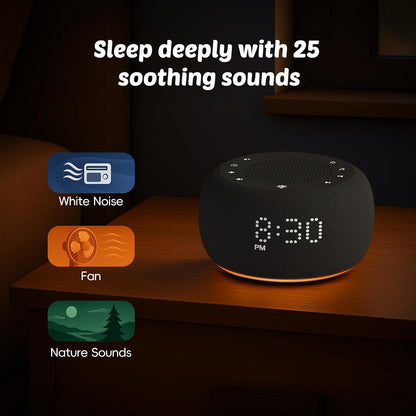 Buffbee Alarm Clock with Sound Machine for Bedrooms – 2-in-1 White Noise Machine for Sleep, Gentle Wake-Up with Soft Alarm Sounds, Ambient Night Light, Plug-in, Sleep Better, Wake Gently