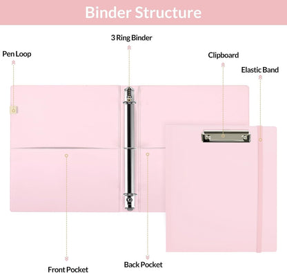 SKYDUE 3 Ring Binder with Clipboard, 13.2" × 10.2" Faux Leather 1 Inch Binder Organizer with 5 Pocket Dividers, Notepad, Labels & 2 Storage Pockets for Teachers, Students, Nurses & Office Work