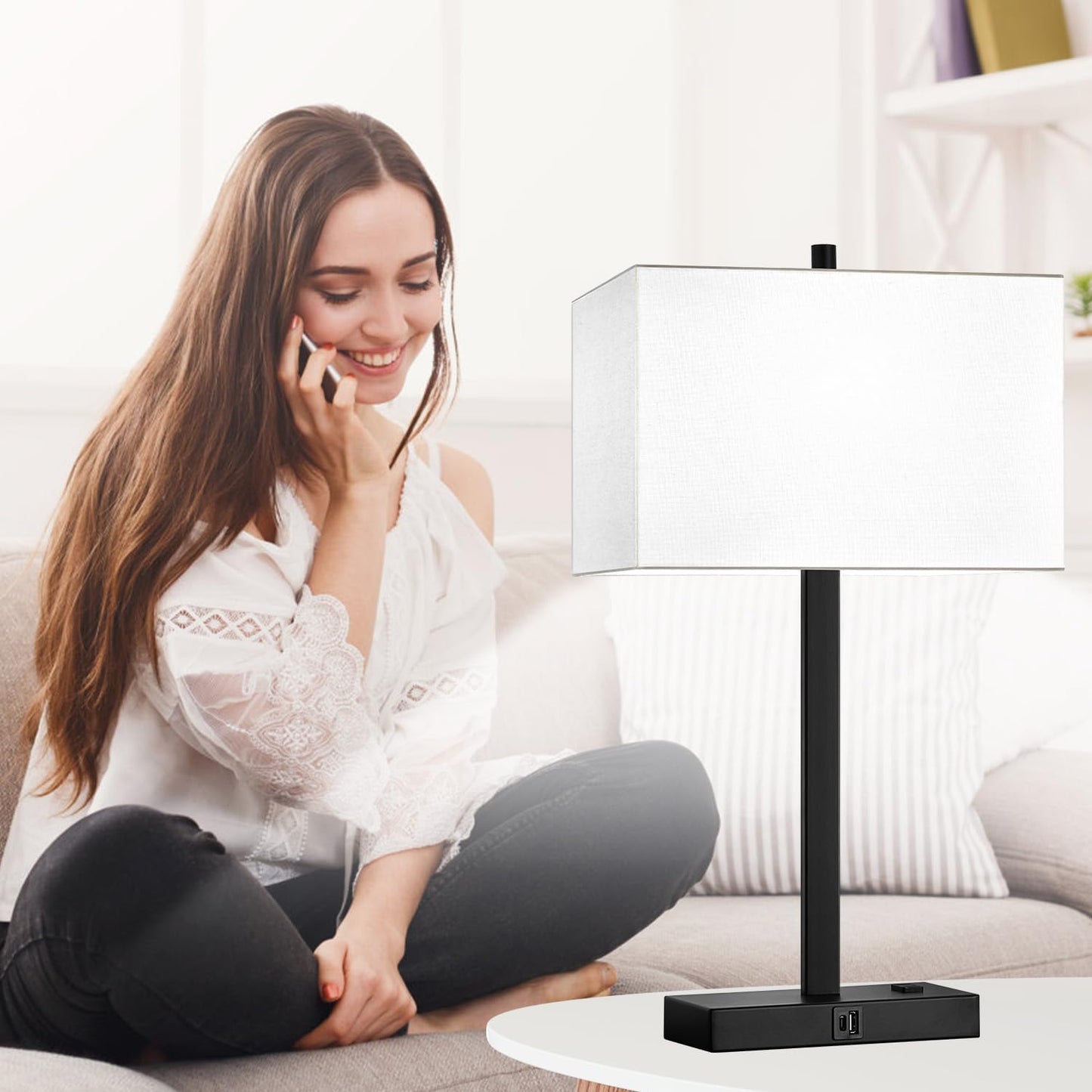 21" Touch Bedside lamps with 2 USB & AC Outlets, 3-Way Dimmable Bedside Table Lamps Set of 2 for Bedroom Living Room Office Reading, Gray Shade Lamps for Night Stands, 5000K LED Bulbs Included
